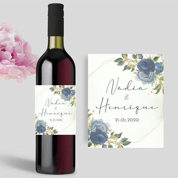 (Recomendado) Rótulo para garrafa de Vinho Floral Azul