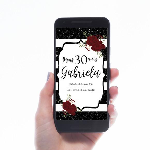 CONVITE DIGITAL LISTRADO FLORAL COM GLITTER PRETO