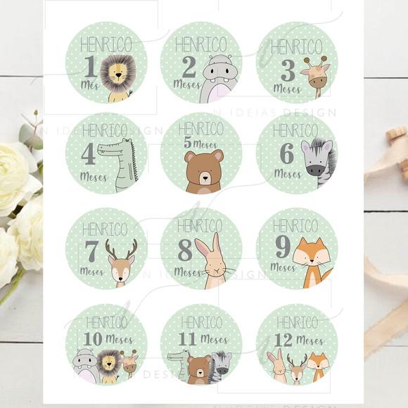 Kit mesversário 12 adesivos para body Animais