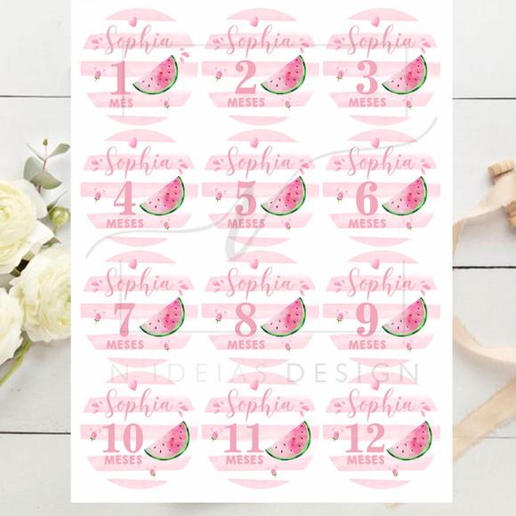 Kit mesversário 12 adesivos para body Melancia Aquarela