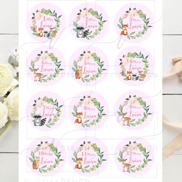 Kit mesversário 12 adesivos para body Menina Woodland