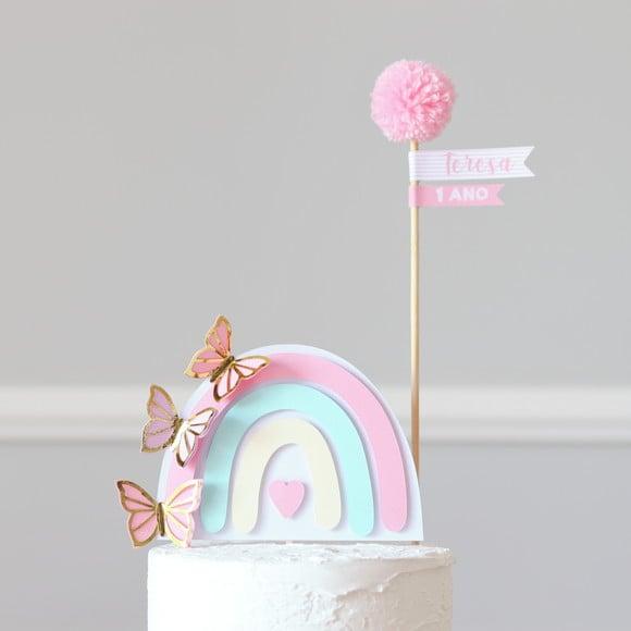 Topo de bolo - Arco-ìris Boho chic rosa