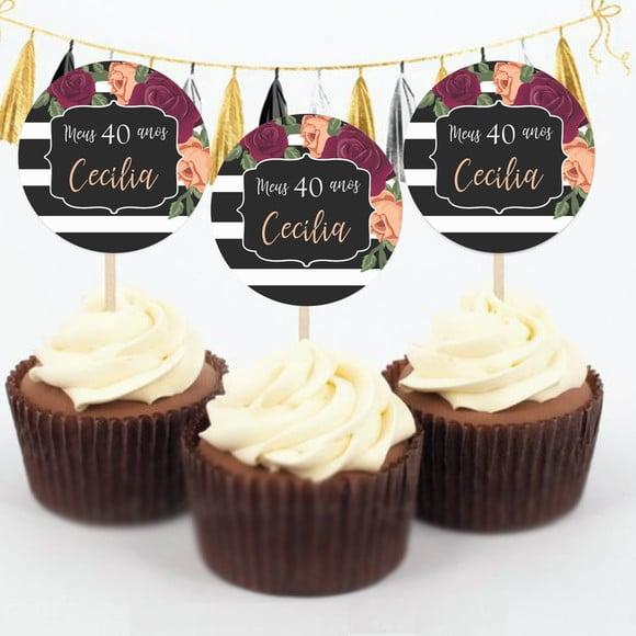 Topper para Doces floral com listras marsala