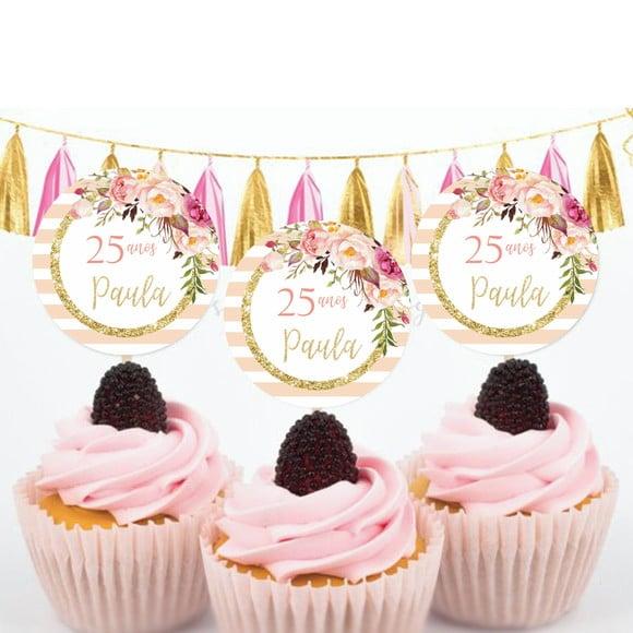 Toppers para Doces Floral com Listras Rosa Chá