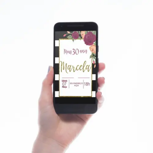 CONVITE DIGITAL LISTRADO FLORAL MARSALA COM DOURADO