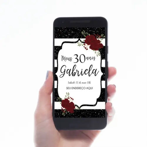 CONVITE DIGITAL LISTRADO FLORAL COM GLITTER PRETO