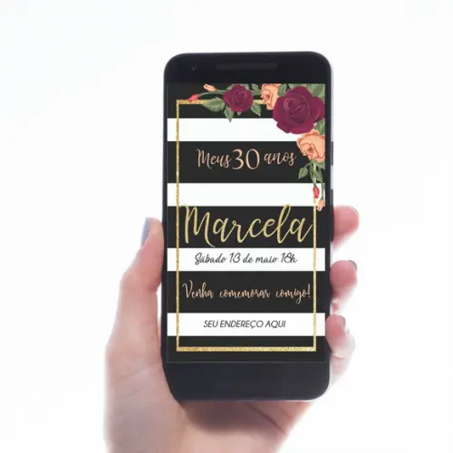 CONVITE DIGITAL LISTRADO FLORAL MARSALA COM DOURADO