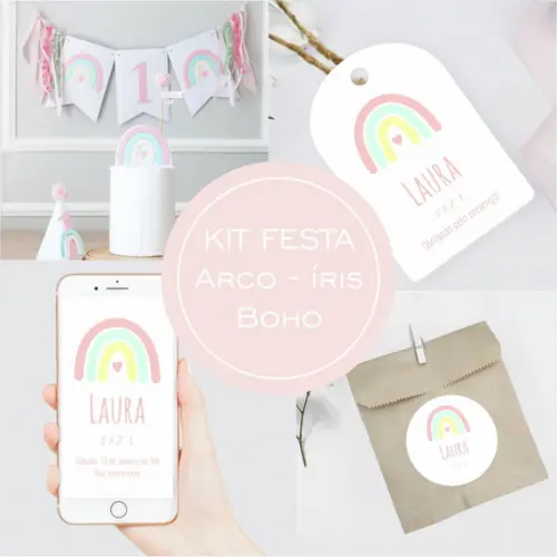 Kit Festa - Arco - Ìris Boho Chic Rosa - 64 Itens