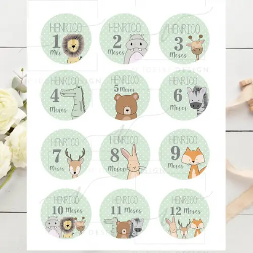 Kit mesversário 12 adesivos para body Animais
