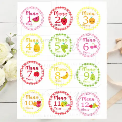 Kit mesversário 12 adesivos para body Frutas
