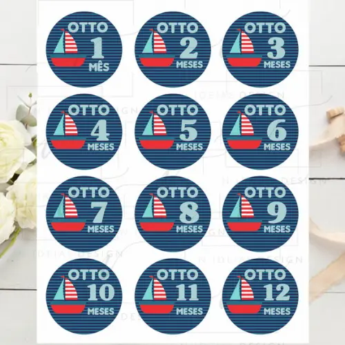 Kit mesversário 12 adesivos para body Náutico Marinheiro