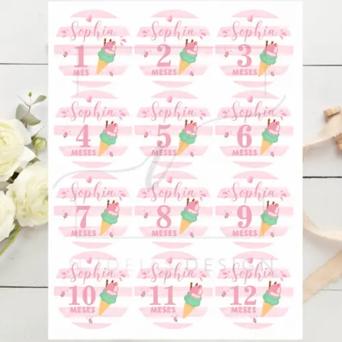 Kit mesversário 12 adesivos para body Sorvete