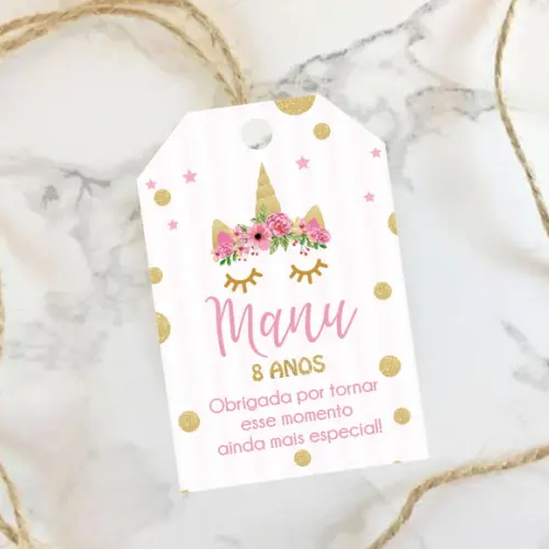 Tag de agradecimento Aniversário unicórnio rosa com glitter