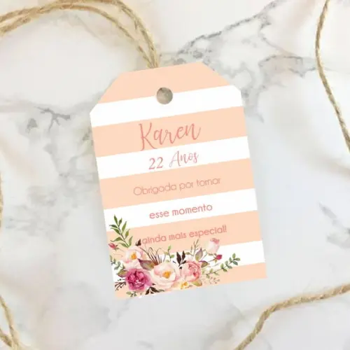 TAG DE AGRADECIMENTO LISTRADO FLORAL ROSA CHÁ