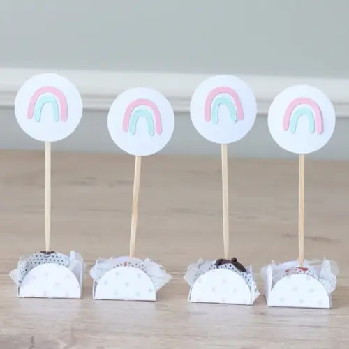 Topper Com Forminha De Doce Arco-ìris Boho Chic Rosa