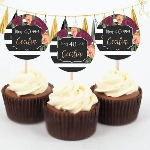 Topper para Doces floral com listras marsala