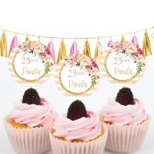 Toppers para Doces Floral com Listras Rosa Chá
