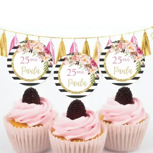 Toppers para Doces Floral com Listras Pretas