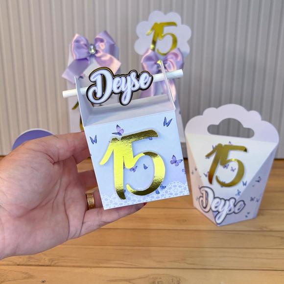 Kit 40 Caixas Personalizadas Lilás e Dourado 15 Anos