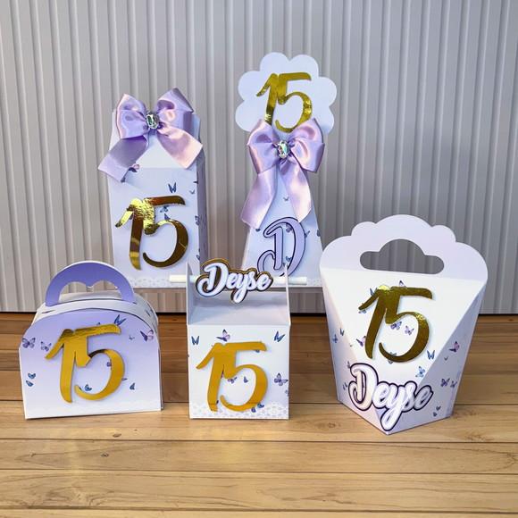 Kit Festa 15 Caixas Personalizadas Lilás e Dourado 15 Anos