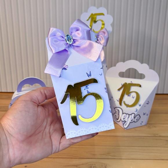 Kit Festa 20 Caixas Personalizadas Lilás e Dourado 15 Anos