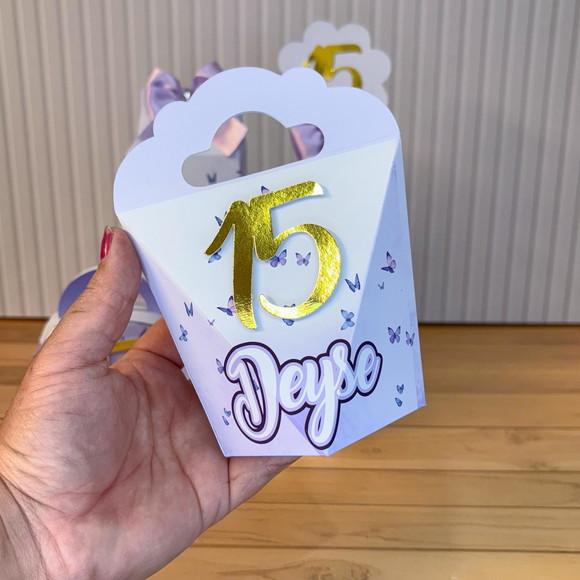Kit Festa 20 Caixas Personalizadas Lilás e Dourado 15 Anos