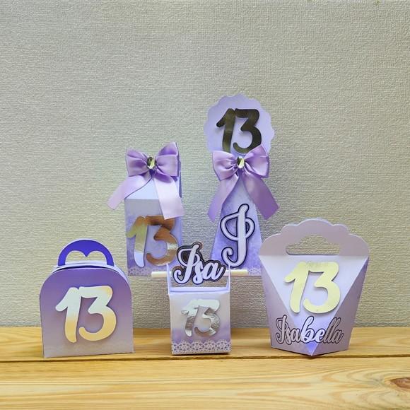 Kit Festa 20 Caixas Personalizadas Lilás e Prata