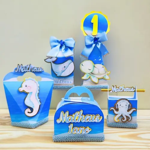 Kit de 30 Caixas Personalizadas Luxo Fundo do Mar Menino