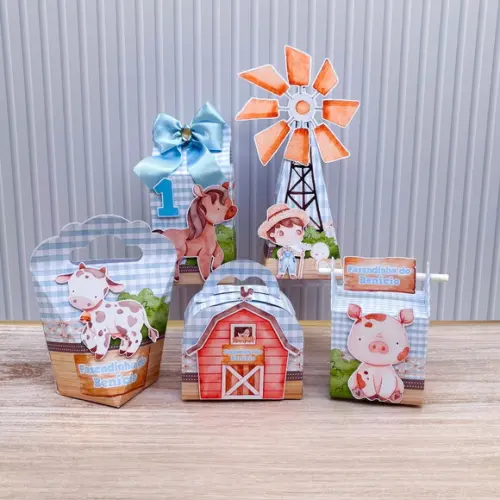 Kit Festa 15 Caixas Personalizada Fazendinha Menino Azul