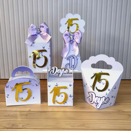 Kit Festa 15 Caixas Personalizadas Lilás e Dourado 15 Anos