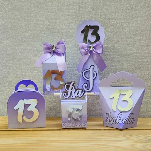 Kit Festa 15 Caixas Personalizadas Lilás e Prata