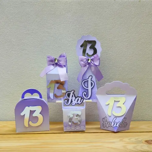 Kit Festa 20 Caixas Personalizadas Lilás e Prata