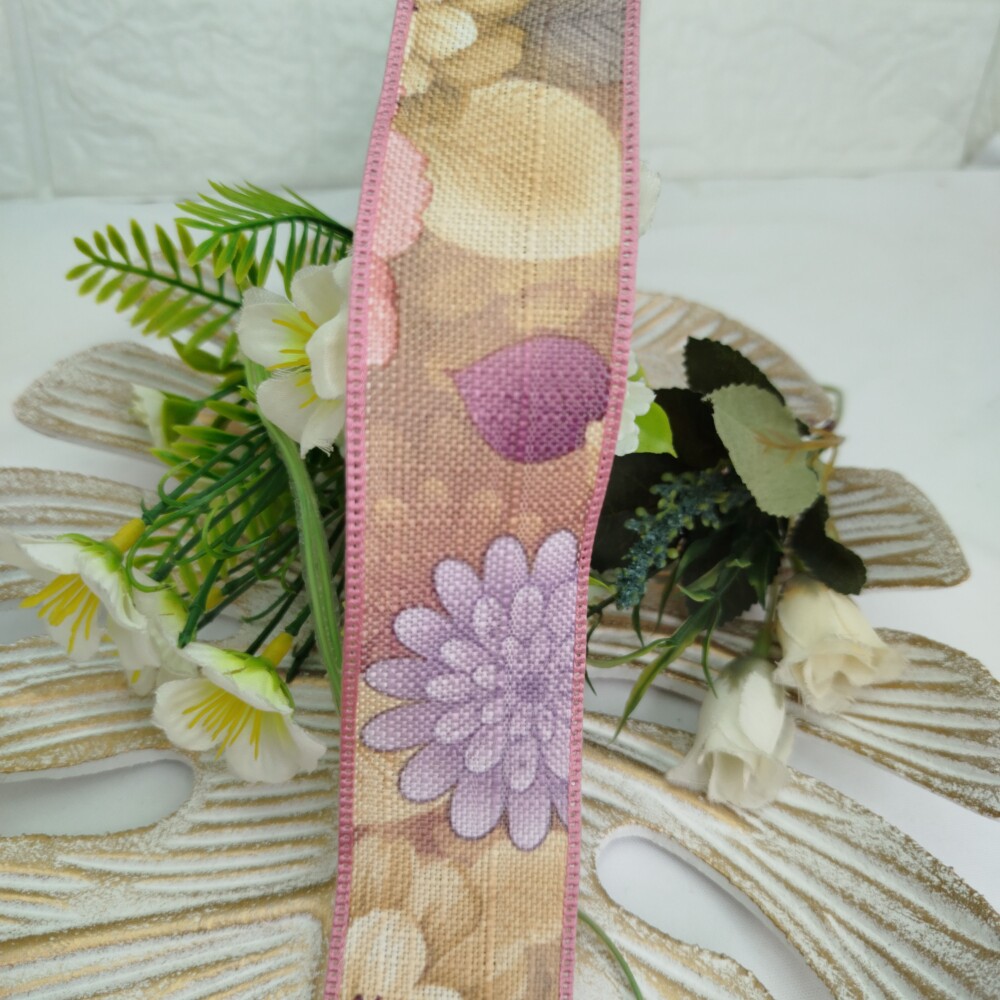 Fita de Linho Estampa de Flores Rosa, Lilas, Roxo e Bege