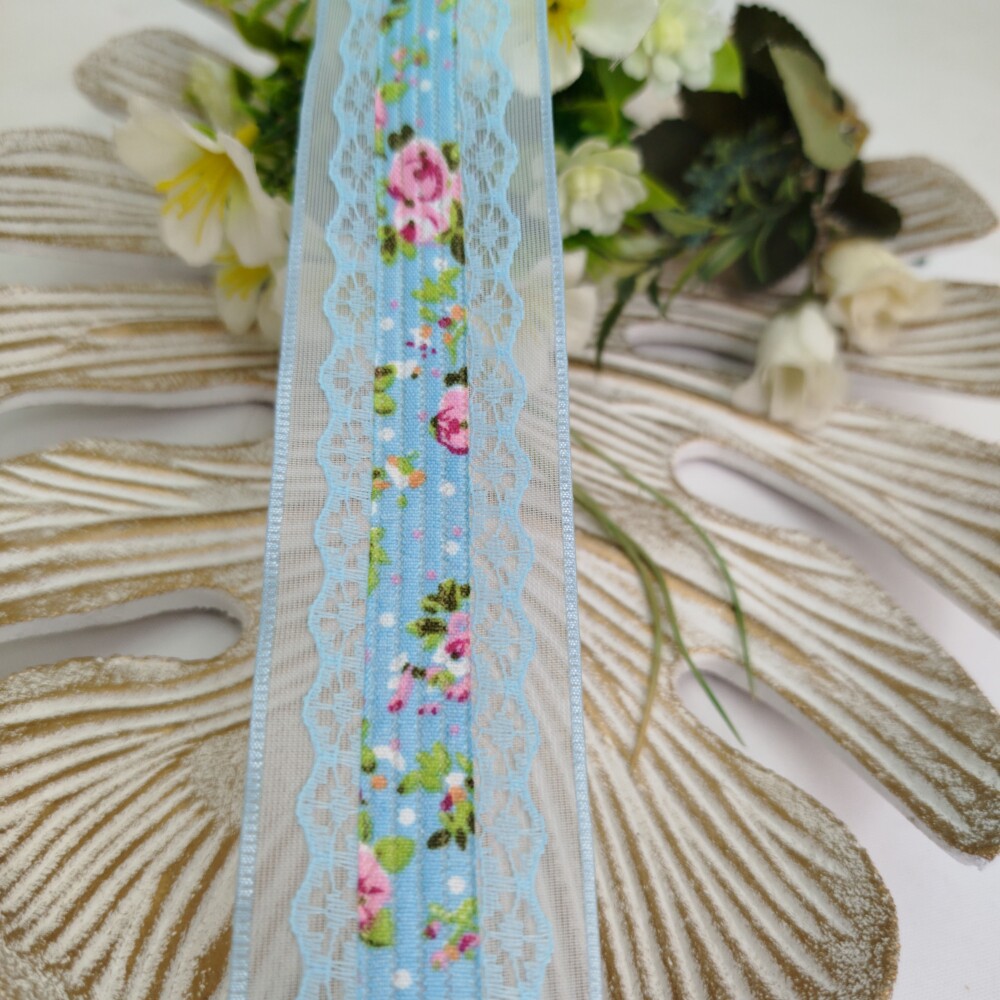 Fita Voil Azul com Aplique de Rendas e Estampa de Flores Rosa - 3