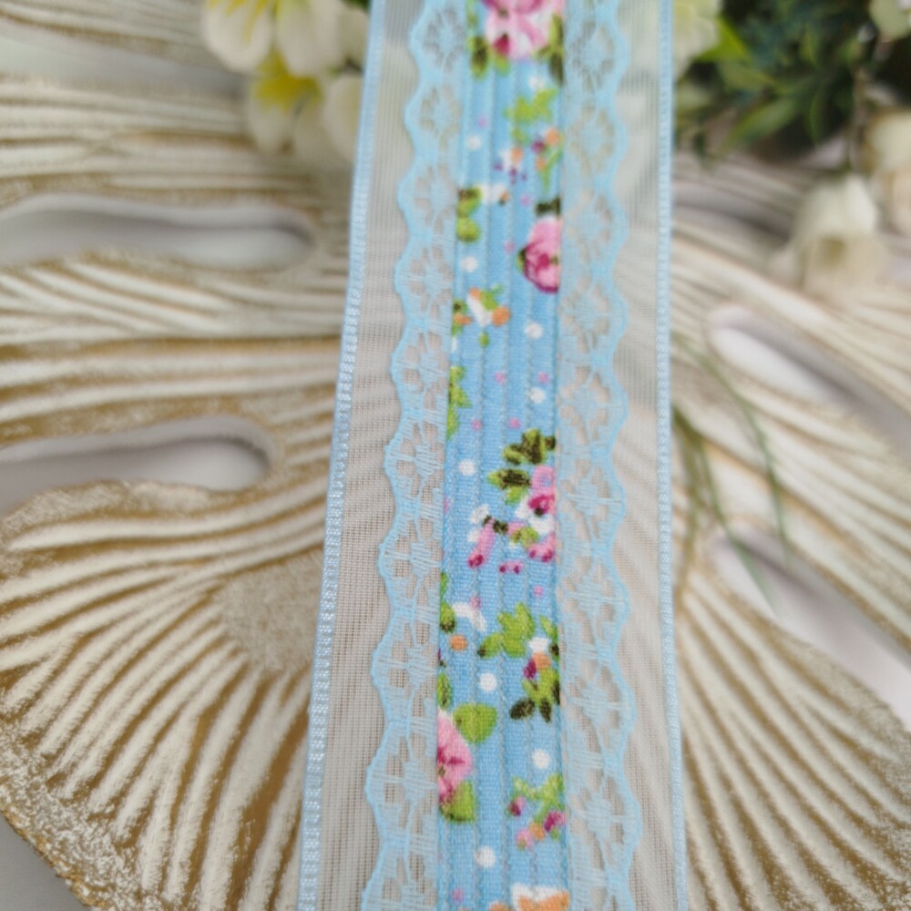 Fita Voil Azul com Aplique de Rendas e Estampa de Flores Rosa - 3