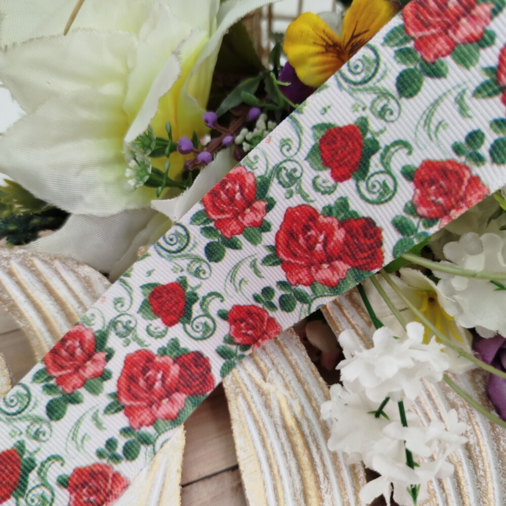 Fita Gorgurão 38mm No 09 Estampa Rosas Vermelhas com Arabescos