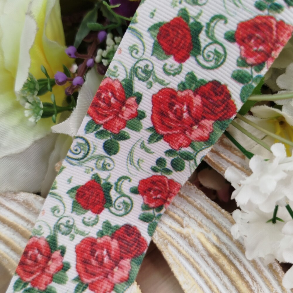 Fita Gorgurão 38mm No 09 Estampa Rosas Vermelhas com Arabescos