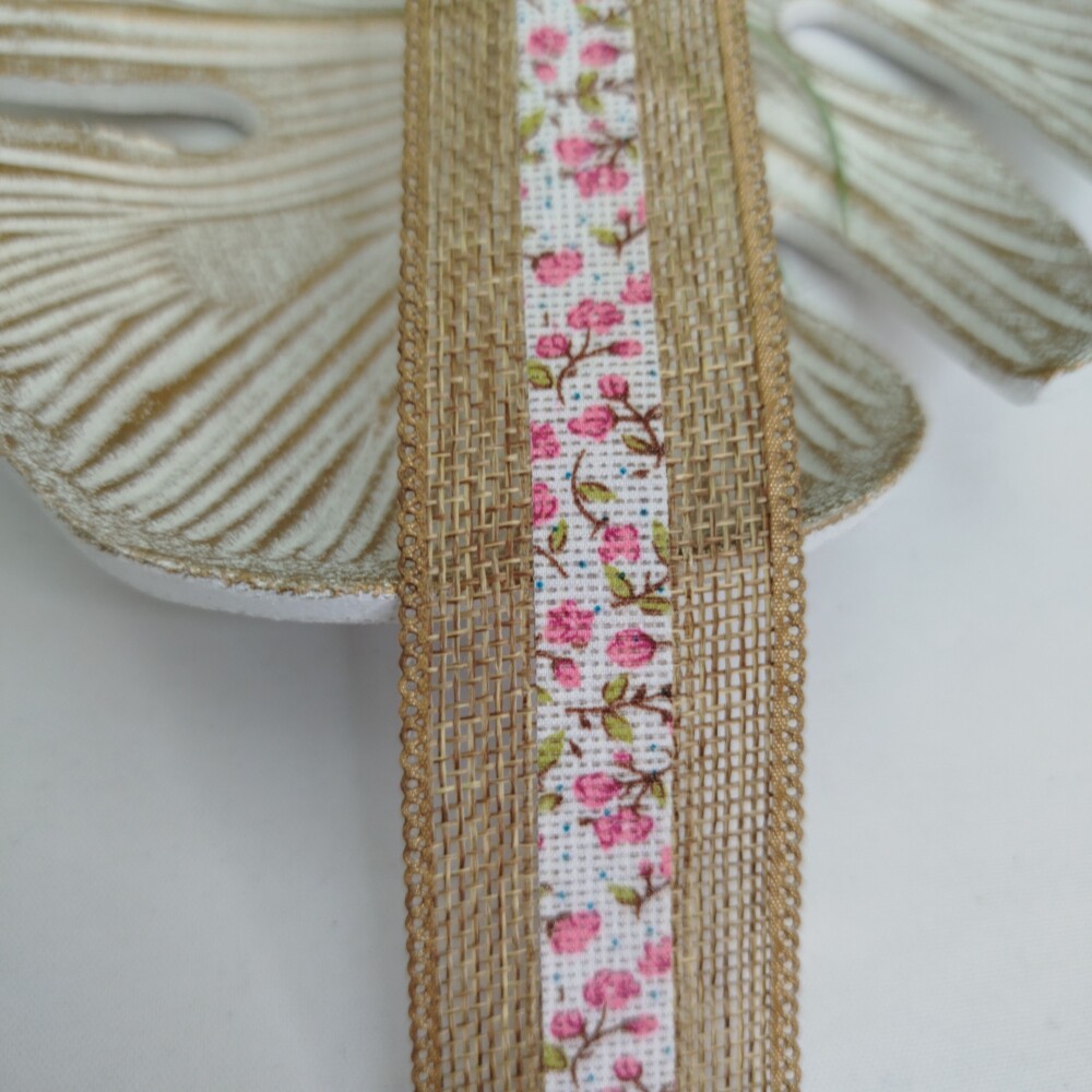 Fita Rustica Juta Estampa Flores Rosa - 38 mm largura - venda a m