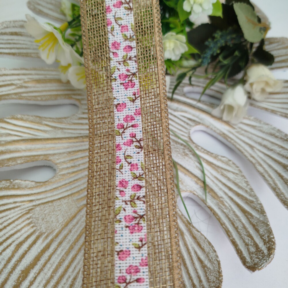 Fita Rustica Juta Estampa Flores Rosa - 38 mm largura - venda a m