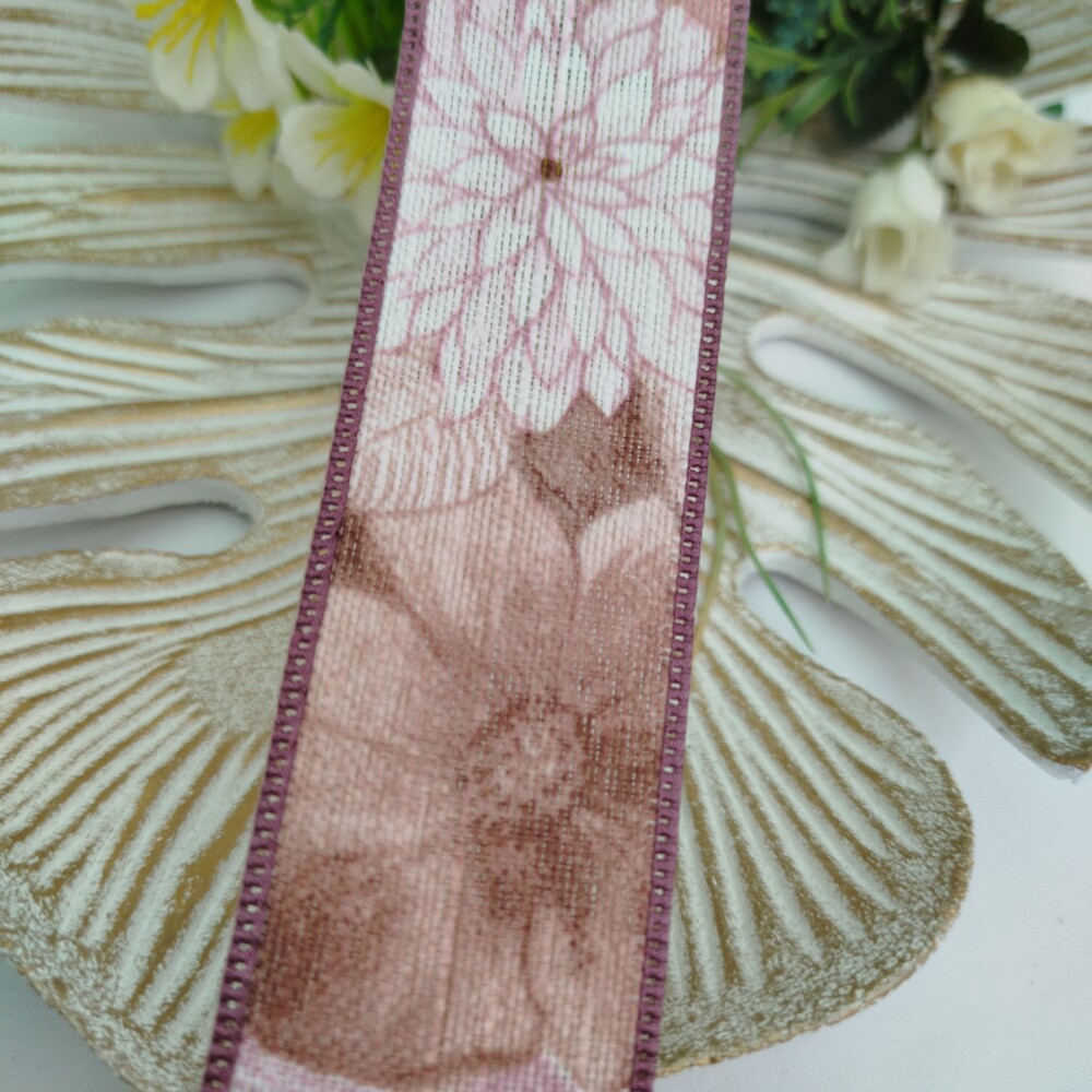 Fita de Linho Estampa de Flores em Tons Rosa Antigo