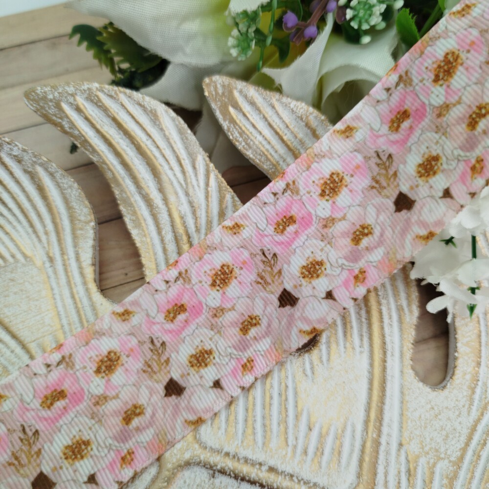 Fita Gorgurão 38mm Estampa Florzinhas Rosa Claro com Detalhes Ca