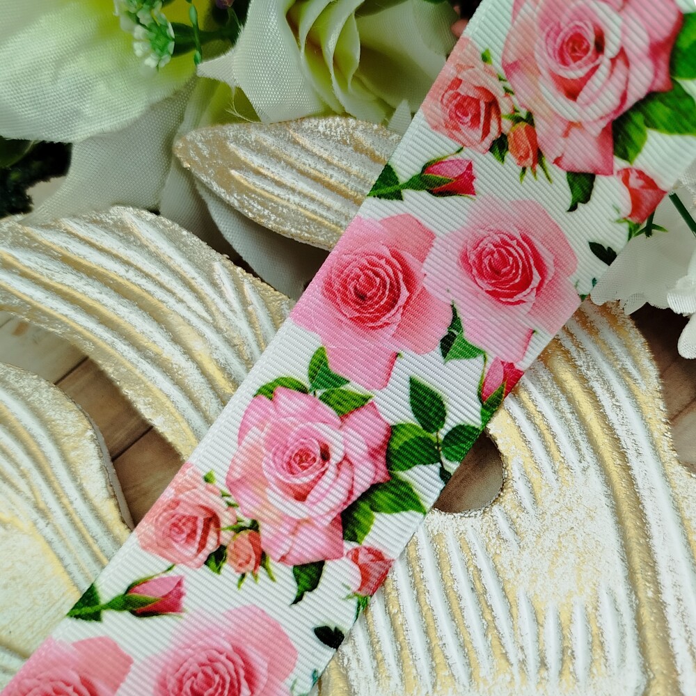 Fita Gorgurão 38mm No 09 Estampa Rosas Realistas Tons de Rosa