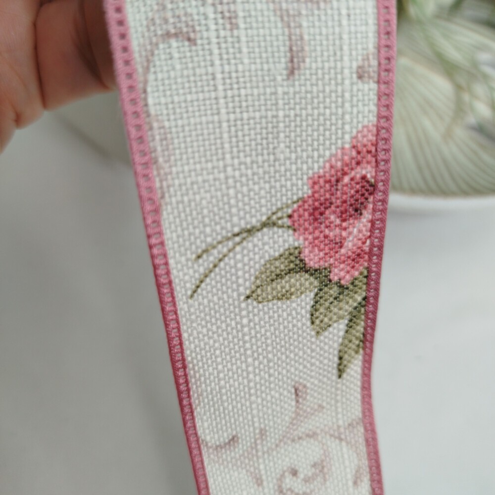 Fita de Linho Marfim Estampa Flores Rosa Antigo - Artesanato e Co