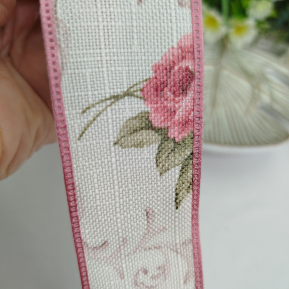 Fita de Linho Marfim Estampa Flores Rosa Antigo - Artesanato e Co