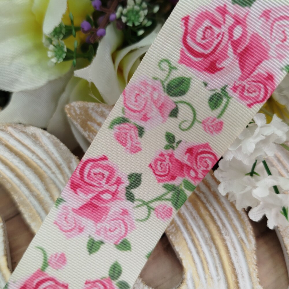 Fita Gorgurão 38mm No 09 Estampa Rosas Desenhadas em Tons de Ros