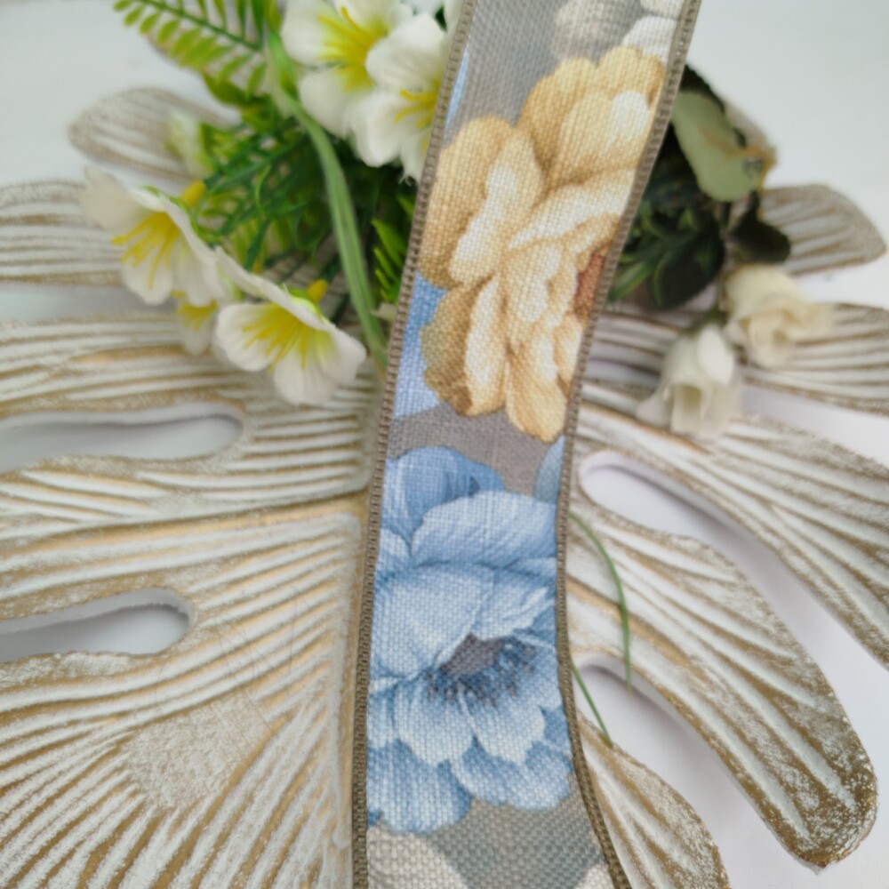 Fita de Linho Estampa Flores em Tons Azul e Bege