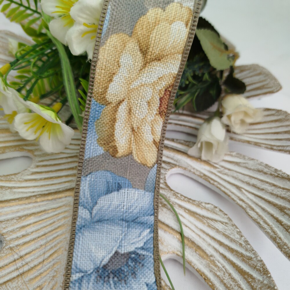 Fita de Linho Estampa Flores em Tons Azul e Bege