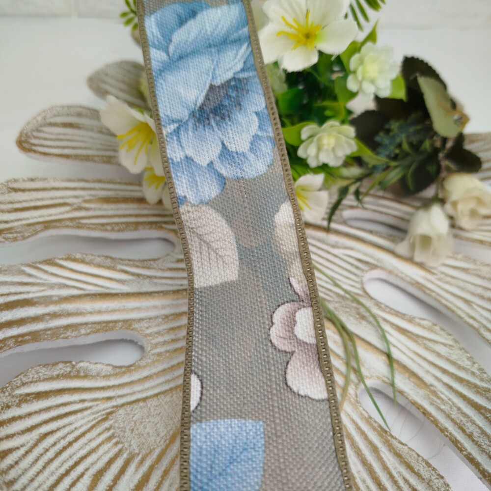Fita de Linho Estampa Flores em Tons Azul e Bege