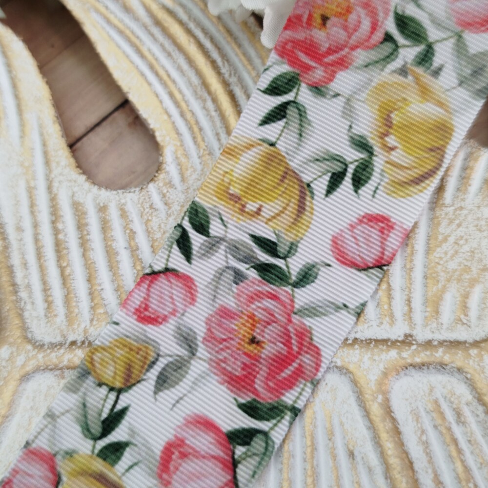 Fita Gorgurão 38mm No 09 Estampa Rosas Coral e Amarelo