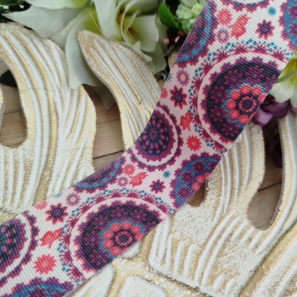Fita Gorgurão 38mm nO 09 Estampa Mandala Boho Tons Rosa e Roxo